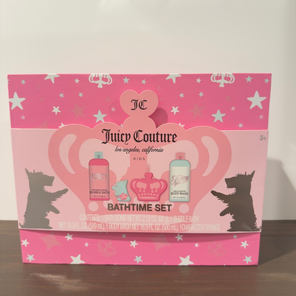 Juicy Couture Kids Bathtime Set Bubble Bath Body Wash Bath Bomb Sponge Pink New